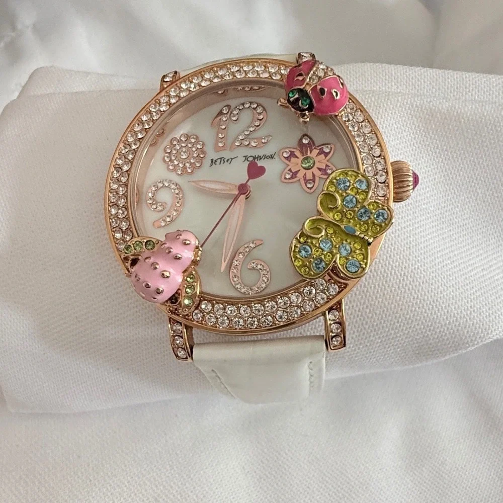 Betsey Johnson Womens OS White Watch Garden Butterfly Ladybug Crystal Rose